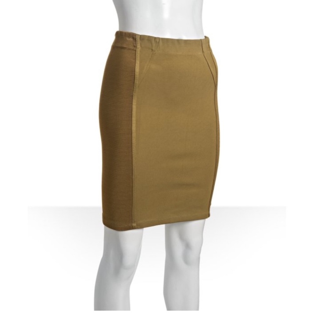BCBGMaxAzria Y2K Mini Skirt L Ochre Yellow Ribbed Stretch Pencil Bodycon